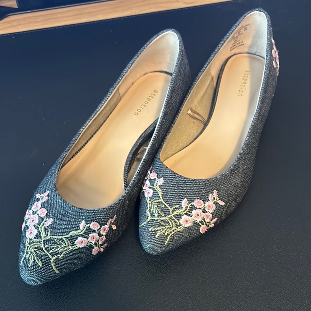 Attention Black Denim Flats with Pink & Green Floral Embroidery. Size 7M